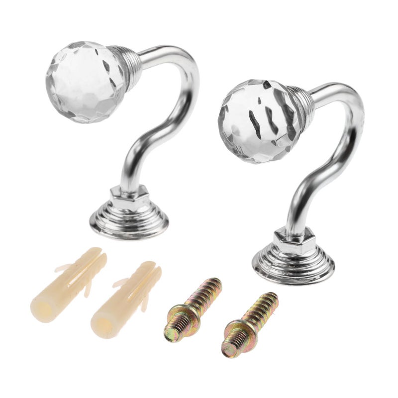Hicello 2Pcs Crystal Glass Curtain Tieback Hook Silver Round Head Wall Hook Clothes Hanger with Screws - Image 2